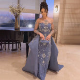 Luxury Beaded Blue Long Sleeves Evening Dresses with Overskirt LA72757