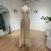 2025 Gold Backless Spaghetti Strap Mermaid Beaded Luxury Evening Dresses Gowns for Women Wedding Party LA72615