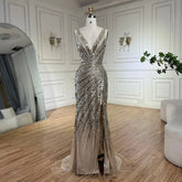 2025 Gold Mermaid Spaghetti Strap Side Split Beaded Luxury Evening Dresses Gowns for Women Wedding Party LA72613