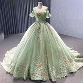 2025 High End Custom Dubai Sage Green Elegant Boat Neck Wedding Dress Appliques Bridal Gowns HM222240B