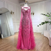 2025 Ladies Wedding Party Fuchsia Elegant Cape Sleeve Mermaid Luxury Beaded Feather Evening Dress Long Dress LA72286