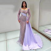 2025 Luxury Dubai Lilac Mermaid Dress with Satin Overskirt Beaded Evening Gown for Women Wedding Party LA72534