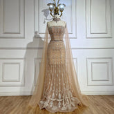 2025 Nude Beaded Spaghetti Strap Design Mermaid Evening Dresses Gowns with Long Cape for Formal Occasion LA72711