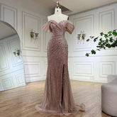 2025 Off The Shoulder Pink Mermaid Beaded Luxury Evening Dress with Side Split for Formal Occasion Saudi LA72481