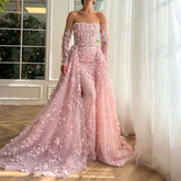 Elegant 3D Flowers Pink Luxury Dubai Evening Dress with Overskirt LA72641