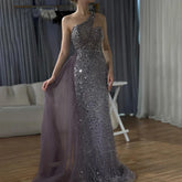2025 Purple One Shoulder Saudi Arabic Evening Gown with Beaded Side Overskirt Dress for Formal Occasion LA72735