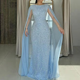 2025 Saudi Arabia Blue Mermaid Cape Sleeve Luxury Beaded Evening Gown for Formal Occasion LA72160A