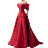 Elegant 3D Flowers Off Shoulder Red Evening Dress LA72778