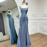 2025 Saudi Arabic Blue Elegant Spaghetti Strap Mermaid Long Evening Gown with Split for Formal Occasion LA72720