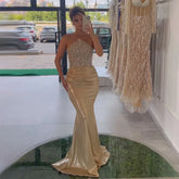 2025 Saudi Arabic Gold Elegant Strapless Evening Gown Crystal Beaded Dress for Formal Occasion LA72759