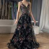 2025 Spaghetti Strap A-Line Black Beaded Luxury Prom Dress for Formal Occasion Saudi Arabic LA72773