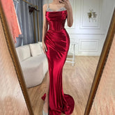 2025 Saudi Arabic Spaghetti Strap Wine Red Satin Evening Dress with High Slit for Formal Occasion LA72776