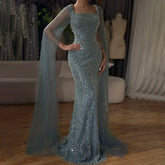 2025 Saudi Arabic Turquoise Mermaid Evening Dress With Pearls Beaded Cape Sleeves For Formal Occasion LA72590A