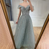 2025 Saudi Arabic Gray Beaded Design A-Line Evening Dresses Gowns for Formal Occasion LA72731