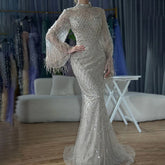 Luxury Beaded Feathers Sage Green Evening Dress Long Sleeves LA72394A