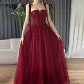 Luxury Saudi Wine Red Beaded Evening Gown Spaghetti Strap Floor-Length for Formal Occasion LA70600A
