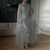 2025 Silver Gray Mermaid Cape Sleeves Feathers Beaded Ankle Length Evening Dresses Gowns for Formal Occasion LA72747