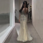 2025 Silver Nude Spaghetti Strap Mermaid Evening Dress Gown with Luxury Beaded Tassels for Formal Occasion LA72772