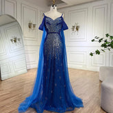 2025 Spaghetti Strap Blue Mermaid Beaded Luxury Evening Dress with Cape Sleeves for Formal Occasion Saudi LA72707