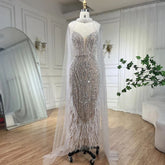 2025 White Nude Mermaid Wedding Party Dresses with Beaded Feathers Luxury Cape Sleeves Party Gowns LA72047A