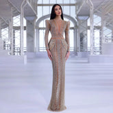 2025 Women Wedding Party Dubai Gowns Beige Illusion Cut Out Lace Beaded Mermaid Long Evening Dresses LA72343