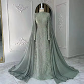 Luxury Sage Green Muslim Evening Dress with Cape Long Sleeves LA72413