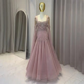 2025 pink Beaded Spaghetti Strap Design A-Line Evening Dresses Gowns with Cape Sleeves for Formal Occasion LA72726