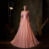 2025 Arabia Peach Off-the-Shoulder A-Line Satin Appliques Evening Dress Gown for Formal Occasion LA72830