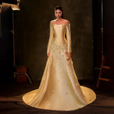 2025 Arabia Yellow A-Line Satin Strapless Appliques Evening Dresses Gowns for Formal Occasion LA72833
