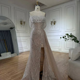 White Arabic Nude Beaded High Split Mermaid Evening Dresses Gowns For Women Wedding Party LA72266B