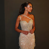 2025 Nude Beaded One-Shoulder Evening Gown with Crystal for Formal Occasion LA72872