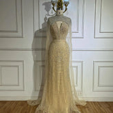 2025 Nude Strapless Pearls Beaded Saudi Evening Gown with Long Sheer Cape for Formal Occasion LA72189A