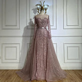 2025 Pink Beaded Saudi Arabic Mermaid Evening Gown with Sheer Long Sleeves for Formal Occasion LA72875