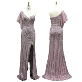 2025 Pink One Shoulder Beaded Mermaid Evening Dresses Gowns with High Split for Formal Occasion LA72821