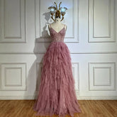 2025 Pink Spaghetti Strap Evening Gown Beaded Bodice and Layered Tulle Skirt for Formal Occasion LA72893
