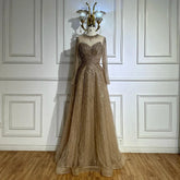 2025 Saudi Arabic Caramel Beaded A Line Evening Gown with Sheer Top for Formal Occasion LA72563A