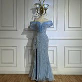 2025 Saudi Blue Beaded Off-Shoulder Mermaid Evening Gown with Side Split for Formal Occasion LA72867