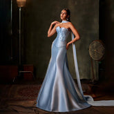2025 Saudi Blue Strapless Mermaid Satin Evening Dress Gown with Long Scarf for Formal Occasion LA72831