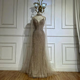 2025 Saudi Caramel Mermaid Arabic Evening Dresses with Beaded Cape Sleeves for Formal Occasion LA72852