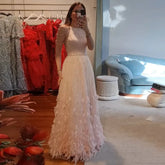 2025 Saudi Luxury Pink Feathers A Line Arabic Beaded Evening Dress Gown for Formal Occasion LA72721
