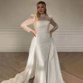 2025 White Muslim Mermaid Evening Dress Gown with Detachable Overskirt for Formal Occasion LA72032L