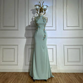 2025 Saudi Mint Mermaid Beaded Tassel Satin Evening Dress Gown with Corset for Formal Occasion LA72797B