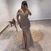 Robe de soirée luxueuse style sirène blanche nude, col bateau, fente haute, pour femme, tenue de mariage, 2025, LA72301