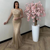 Robe de soirée sirène asymétrique en dentelle caramel, luxueuse, à perles, pour femme, tenue de mariage, modèle 2025, LA72285