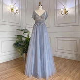 Robe de soirée élégante style arabe, coupe trapèze, bleu, sexy, col en V, perles, style Dubaï, 2025, LA71899