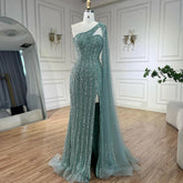 Robe de soirée sirène turquoise à une épaule et perles arabes, manches cape, pour femme, tenue de mariage, 2025, LA72284