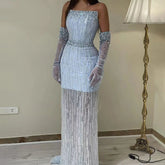Light Blue Pearls Luxury Dubai Evening Dresses Elegant Strapless LA71950A