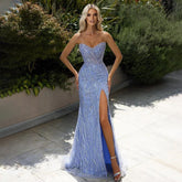 Arabic Blue Mermaid Sexy High Split Beaded Luxury Dubai Evening Dresses Gowns For Women Wedding Party 2025 LA71981
