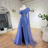 Arabic Blue One-Shoulder Yellow High-Split Mermaid Beaded Evening Gown for Women | Wedding Party 2025 LA72596