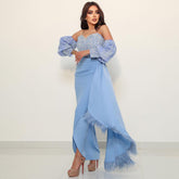 Arabic Blue Sexy Mermaid Puff Sleeves Beaded Feathers Luxury Dubai Evening Dresses Gowns For Women Party LA72080